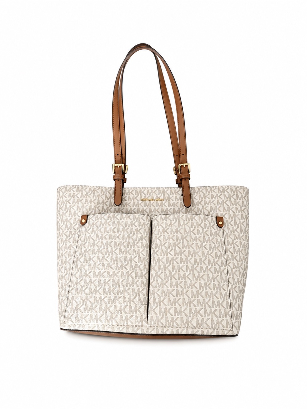 Michael Kors Cream Monogram Tote with Brown Leather Straps